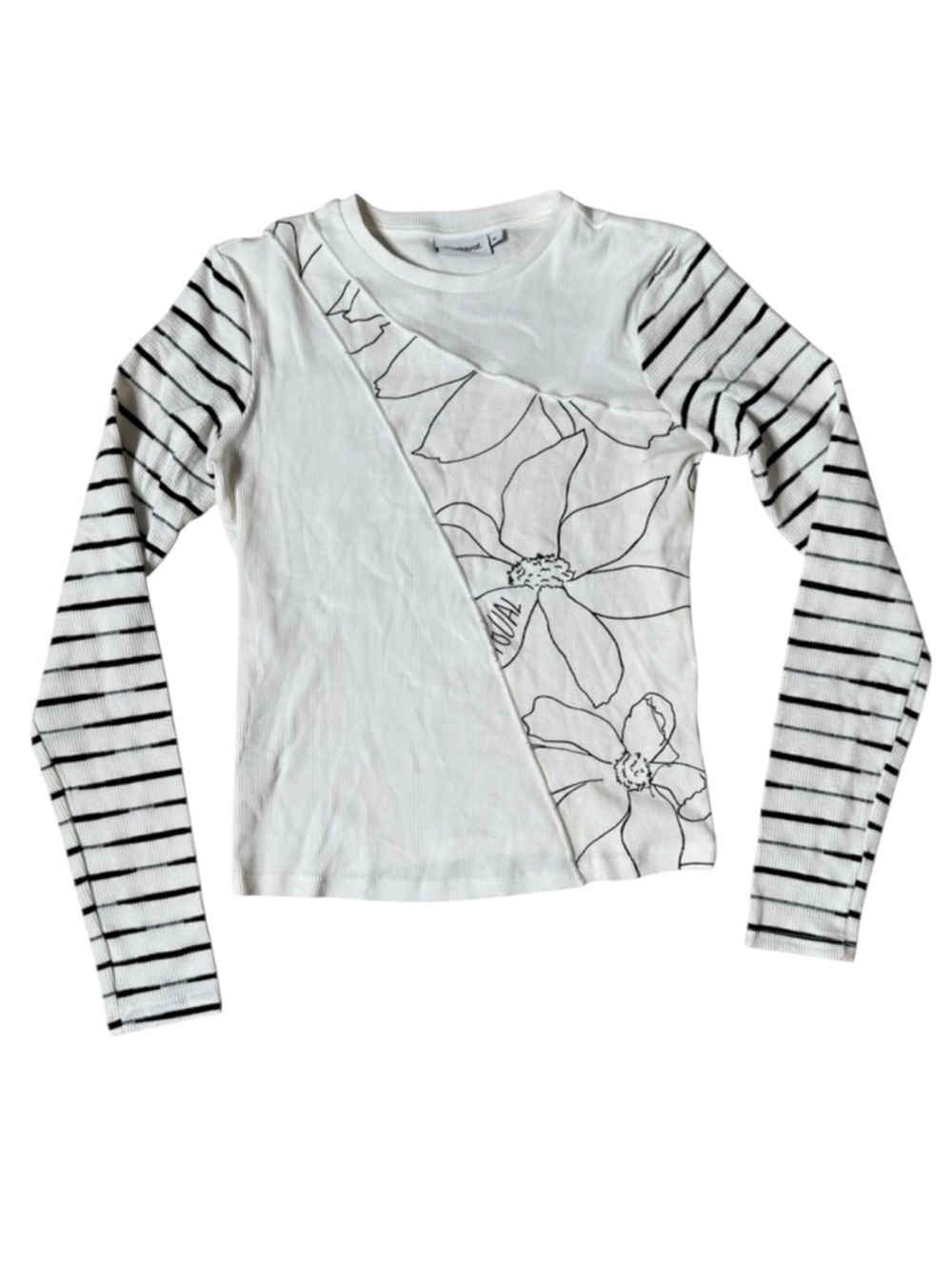 Desigual White Black Ribbed Long Sleeve Tee T Shirt Patchwork Floral Flower